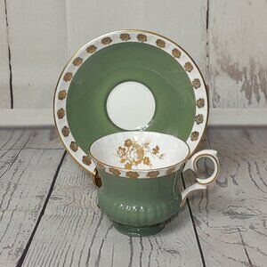Crown Staffordshire Tea Cup And Saucer Green With Gold Roses E614 England